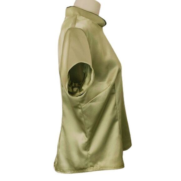 Asian Satin Blouse XL Top Office Siren Geisha Mandarin Collar Chartreuse Vintage - Picture 7 of 16
